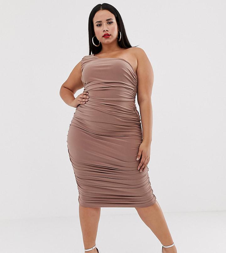 Club L London Plus One Shoulder Ruched Midi Dress In Mocha - Brown