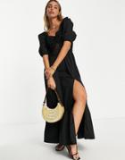 Asos Design Crochet Insert Cotton Poplin Maxi Dress In Black