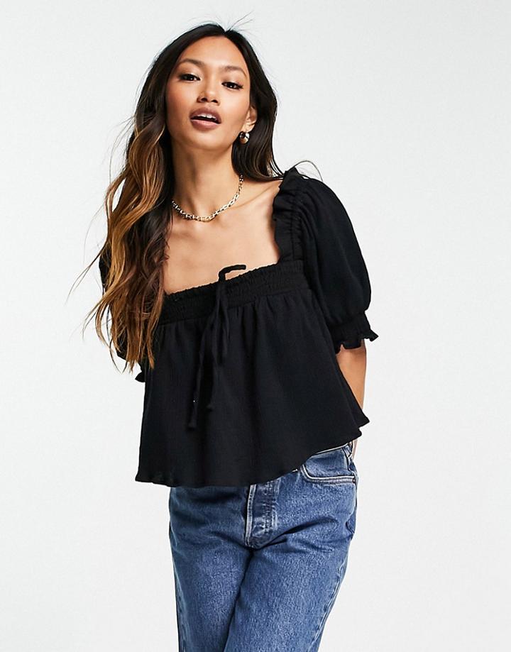 Asos Design Natural Crinkle Square Neck Sun Top In Black