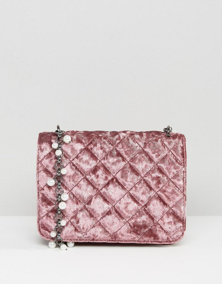 Asos Velvet And Pearl Chain Cross Body Bag - Pink