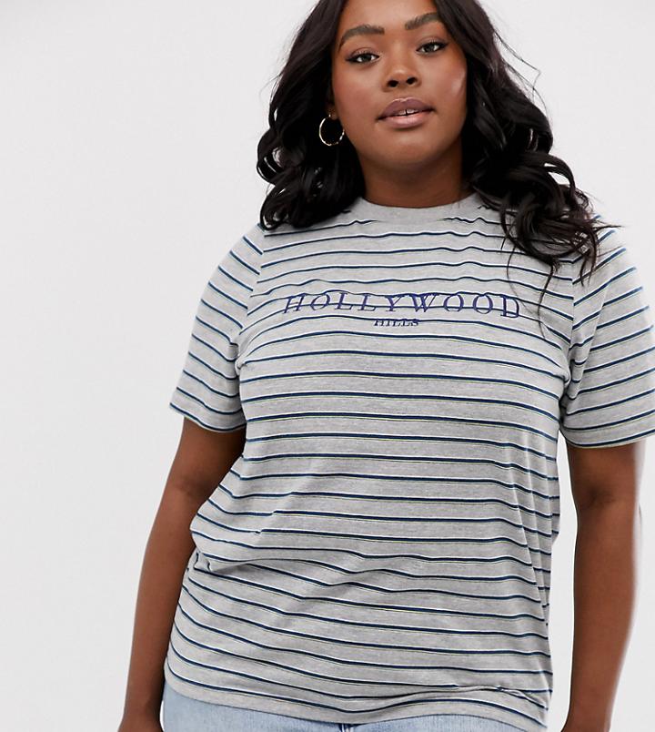 Daisy Street Plus Oversized T-shirt In Stripe With Hollywood Graphics-green
