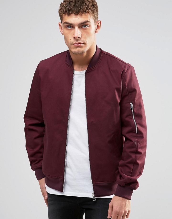 Asos Bomber Jacket With Sleeve Zip In Burgundy - Burgundy