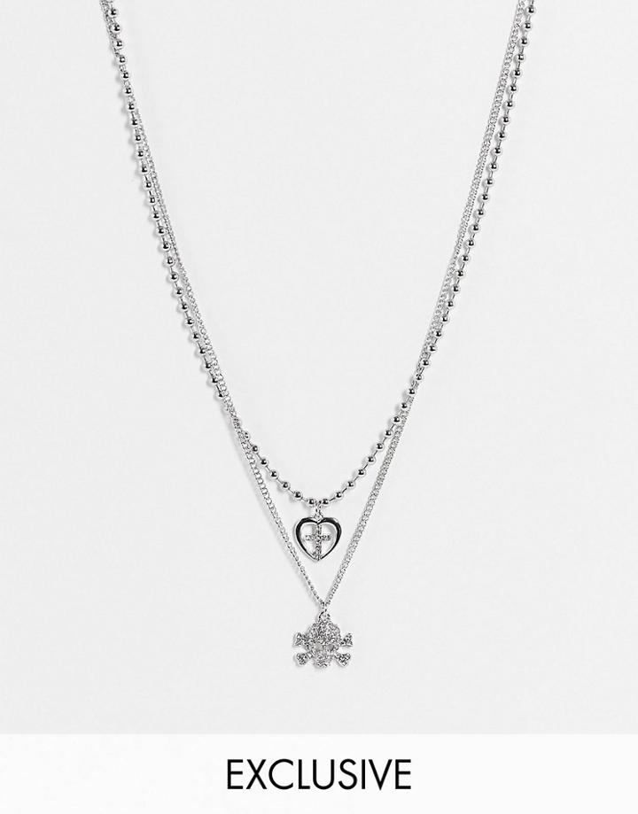 Reclaimed Vintage Inspired Unisex Multichain Necklace With Skull In Silver