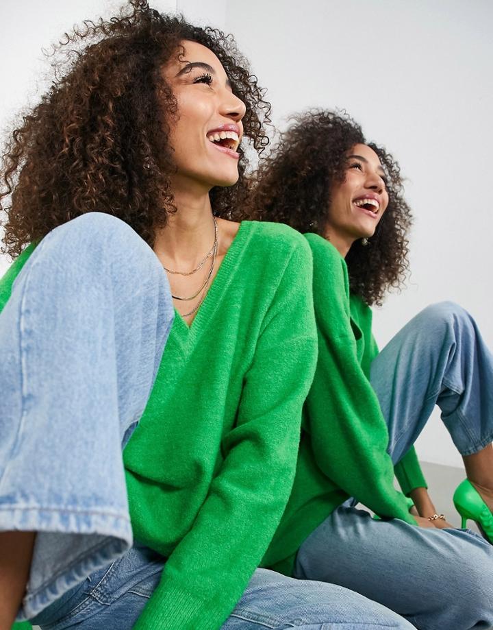 Asos Edition V Neck Sweater In Bright Green