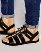 Asos Gladiator Sandals In Black Leather With Tie Lace - Black