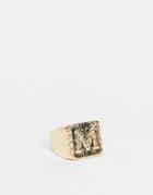 Asos Design Signet Ring With M Letter Design In Shiny Gold Tone