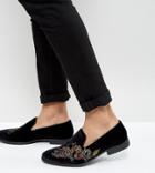 Asos Wide Fit Loafers In Black Velvet With Dragon Embroidery - Black