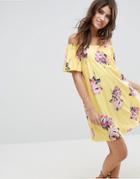 Asos Off Shoulder Mini Dress In Yellow Floral - Multi
