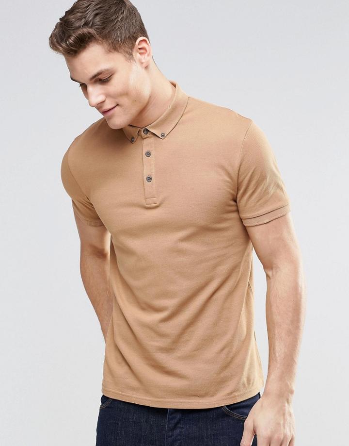 Asos Polo In Pique With Button Down Collar In Brown - Camel