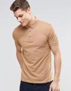 Asos Polo In Pique With Button Down Collar In Brown - Camel