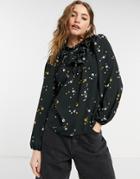 Asos Design Long Sleeve Top With High Neck In Black Floral Print-multi