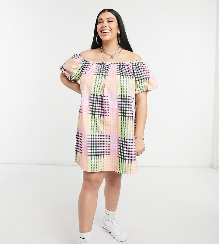 Collusion Plus Off The Shoulder Sundress In Gingham Check-multi