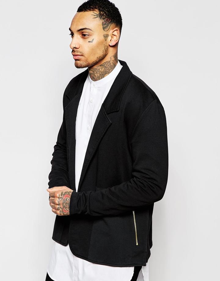 Asos Oversized Jersey Blazer With Woven Panels & Zips - Black