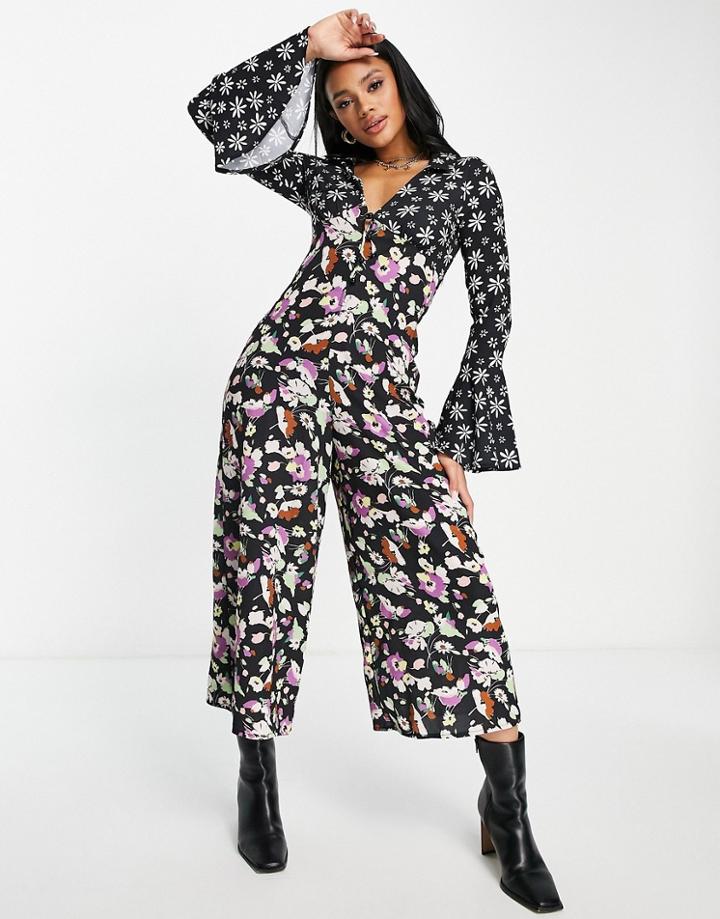 Asos Design Bubble Crepe Frill Sleeve Tea Jumpsuit In Mixed Print-multi