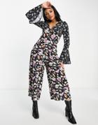 Asos Design Bubble Crepe Frill Sleeve Tea Jumpsuit In Mixed Print-multi