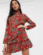 Missguided High Neck Smock Dress With Drop Waist In Floral Print-red