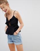 Asos Tie Front Cami In Dobby Check - Black