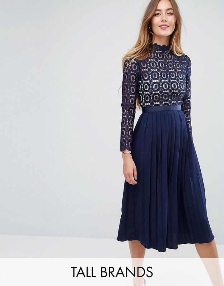 Little Mistress Tall Premium Lace Pleated Midi Dress - Navy