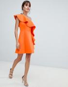 Asos Design One Shoulder Ruffle A-line Mini Dress - Orange