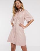 Asos Design Leather Look Mini Button Through Shirt Dress-pink