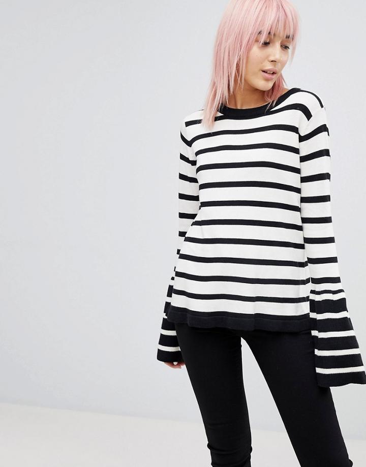 Brave Soul Stripe Sweater With Contrast Flare Sleeve - Cream