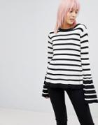 Brave Soul Stripe Sweater With Contrast Flare Sleeve - Cream