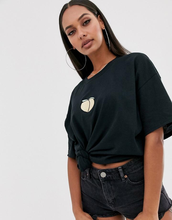 New Love Club Peach Embroidered Graphic T-shirt In Oversized Fit - Gold