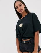 New Love Club Peach Embroidered Graphic T-shirt In Oversized Fit - Gold