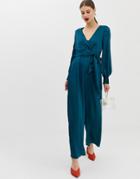 River Island Jumpsuit With Shirred Detail In Teal-blue