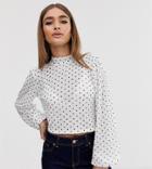 Asos Design Petite Top With Blouson Sleeve And Tie Neck In Spot Mesh Print-multi