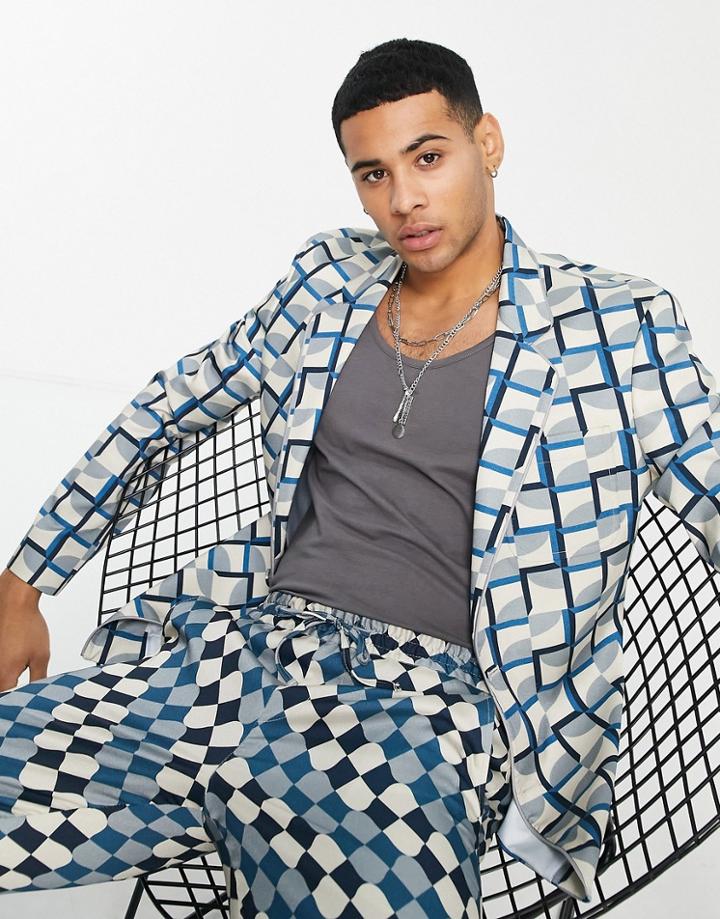 Asos Design Slim Suit Jacket In Turquoise Geo Print-green