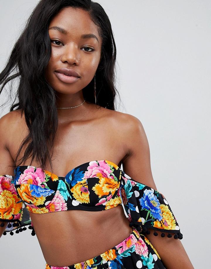 Asos Design Spot Floral Print Pom Pom Bardot Plunge Bikini Top-multi