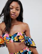 Asos Design Spot Floral Print Pom Pom Bardot Plunge Bikini Top-multi