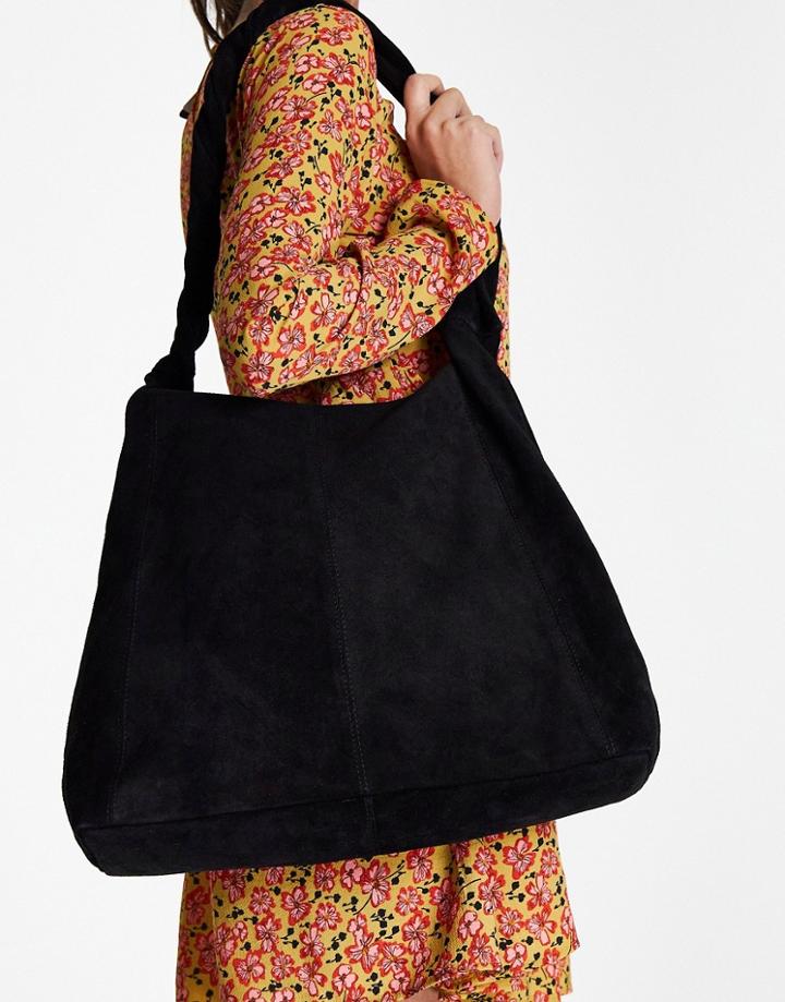 Topshop Suede Slouch Shoulder Bag In Black