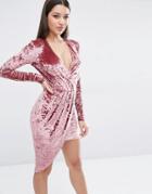 Club L Crushed Velvet Wrap Over Long Sleeve Dress - Nude Pink