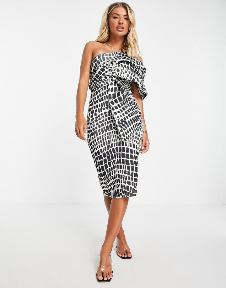 Asos Design Peekaboo Shoulder Tuck Midi Pencil Dress In Mono Snake-multi