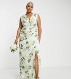 Liquorish Plus Bridal Satin Wrap Maxi Dress With Belt In White Rose Print-pink