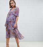 Asos Design Maternity Midi Dress With Tiered Pleats In Lilac Floral - Pink