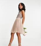 Maya Petite Bridesmaid Halterneck Midi Tulle Dress With Tonal Delicate Sequins In Muted Blush-neutral