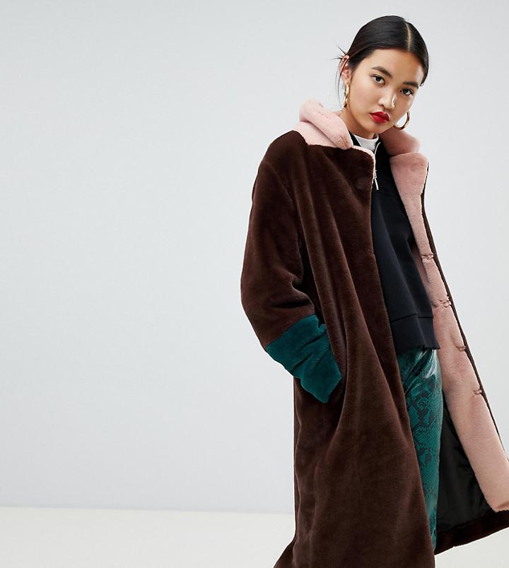 Na-kd Faux Fur Midi Color Block Coat In Brown