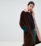 Na-kd Faux Fur Midi Color Block Coat In Brown
