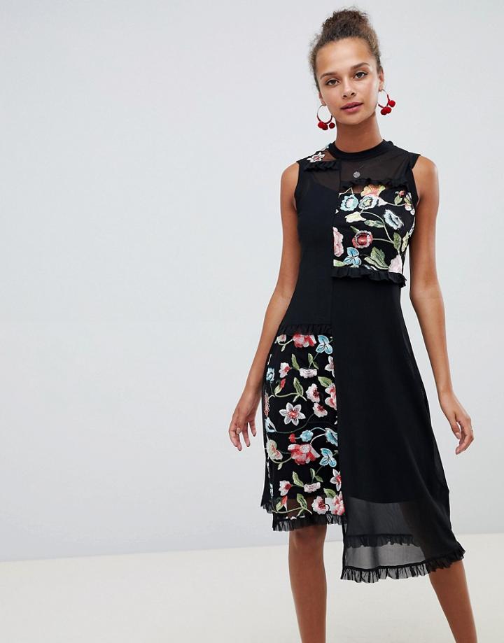 Asos Design Embroidered Mesh Midi Dress - Black