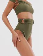 Asos Design Recycled High Waist Bikini Bottom With Tortoiseshell Ring Detail In Khaki-green