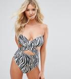 Asos Design Fuller Bust Exclusive Zebra Print Wrap Swimsuit Dd-g - Multi