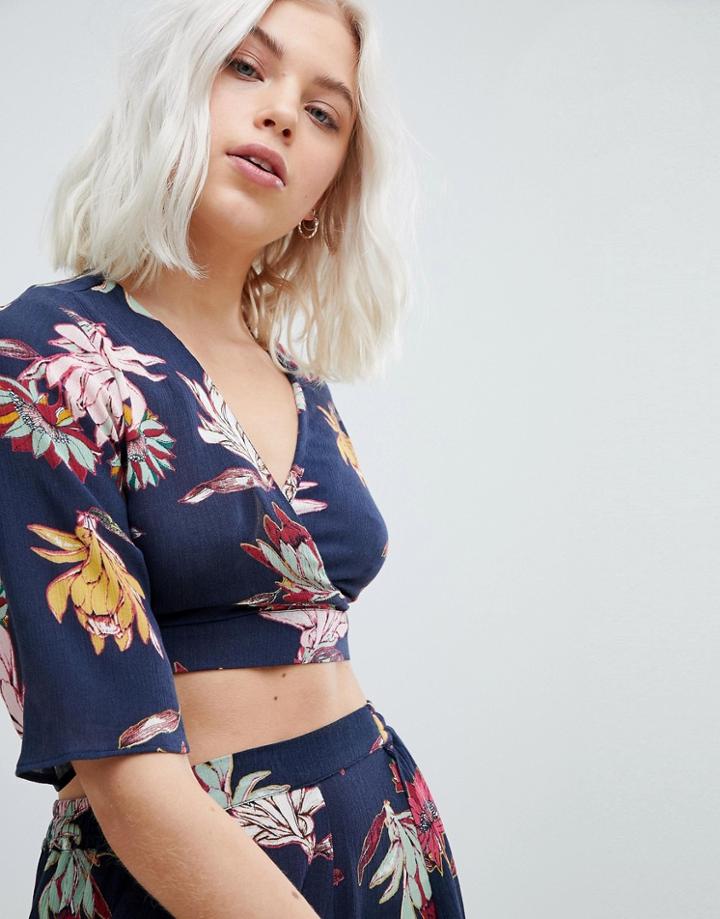 Pull & Bear Two-piece Floral Tie Waist Crop Top - Navy