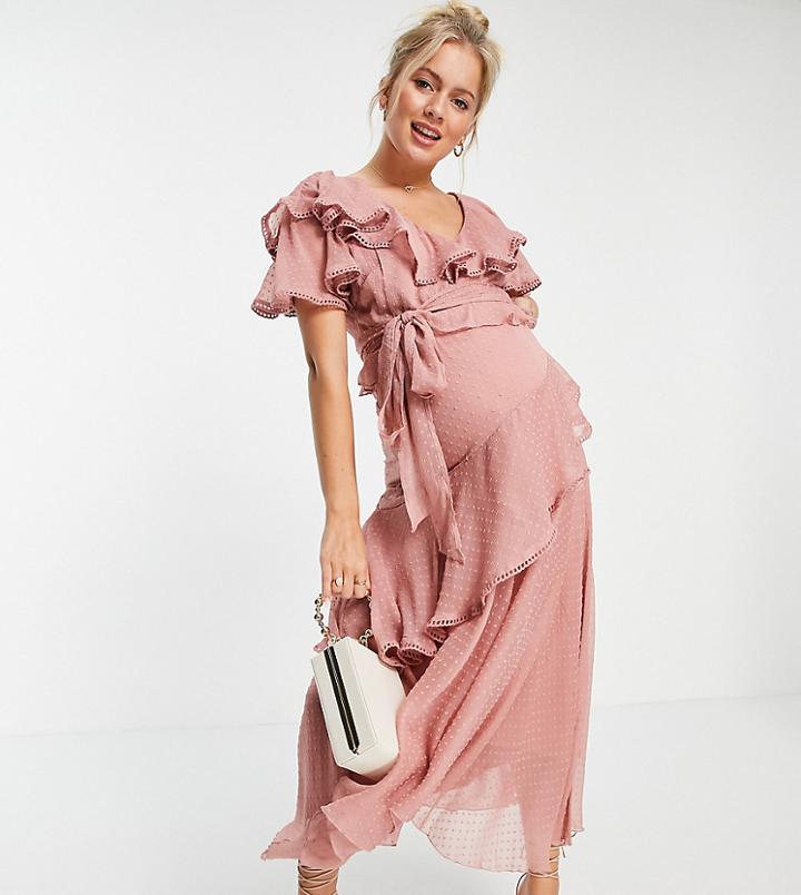 Asos Design Maternity Drape Detail Midi Dress In Textured Chiffon With Tie Detail-pink
