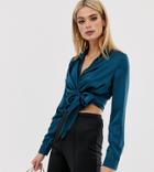 Missguided Tall Satin Wrap Front Side Tie Top In Teal - Green