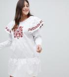 Fashion Union Plus Embroidered Smock Dress With Exaggerated Sleeves - White