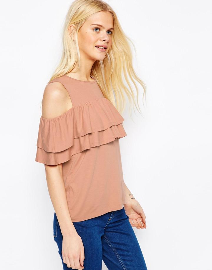 Asos Ruffle Top With Cold Shoulder - Nude