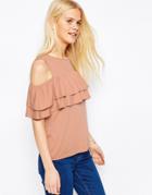 Asos Ruffle Top With Cold Shoulder - Nude